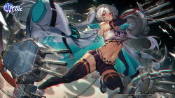 Rule 34 | 1girl, alabama (azur lane), azur lane, bikini, bikini top only, bikini under clothes, black footwear, black gloves, black thighhighs, body markings, breasts, chain, character name, chromatic aberration, clothes writing, coat, coat on shoulders, dark-skinned female, dark skin, elbow gloves, facial mark, full body, gloves, highres, holding, holding weapon, large breasts, long coat, long hair, looking at viewer, mebaru, midriff, navel, open clothes, open coat, pubic tattoo, red eyes, rigging, scythe, shoes, short shorts, shorts, skindentation, sneakers, solo, strapless, swimsuit, tattoo, thighhighs, tube top, turret, twintails, very long hair, weapon, whisker markings, white coat, white hair