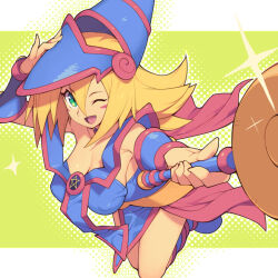 Rule 34 | 1girl, bare shoulders, blonde hair, blue footwear, blush, blush stickers, breasts, cleavage, collar, collarbone, dark magician girl, duel monster, green background, green eyes, hat, large breasts, long hair, looking at viewer, metata, one eye closed, open mouth, solo, star (symbol), wand, witch hat, yu-gi-oh!