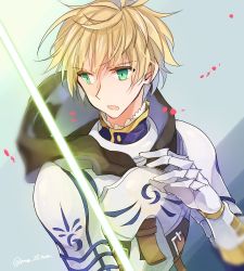 Rule 34 | 1boy, armor, arthur pendragon (fate), bad id, bad twitter id, blonde hair, excalibur (fate/stay night), fate/prototype, fate (series), gauntlets, green eyes, hood, male focus, mom 29 mom, open mouth, solo, sword, weapon