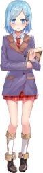 Rule 34 | 1girl, artwhirl mahou gakuen no otome-tachi, blue eyes, blue hair, blush, book, closed mouth, collared shirt, full body, hair ornament, hairclip, hakuishi aoi, jacket, kneehighs, long sleeves, looking at viewer, miniskirt, parted bangs, plaid, plaid skirt, pleated skirt, purple jacket, red skirt, school uniform, shirt, short hair, skirt, socks, solo, standing, tachi-e, transparent background, white shirt, wing collar, wisteria (artwhirl)