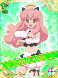 1girl :d aida_orine akb0048 animal_ears black_bow bow camisole cat_ears character_name cowboy_shot detached_collar fake_animal_ears frilled_camisole frills green_background heart long_hair looking_at_viewer non-web_source official_art open_mouth pink_hair puffy_shorts shorts smile solo sparkle standing star_(symbol) teeth upper_teeth_only white_shorts