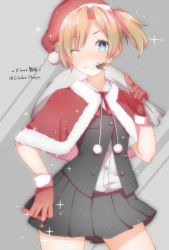 Rule 34 | 10s, 1girl, ;d, bad id, bad pixiv id, blonde hair, blue eyes, blush, character name, christmas, cowboy shot, gloves, grey background, hat, highres, holly, kantai collection, looking at viewer, maikaze (kancolle), mistletoe, one eye closed, open mouth, pleated skirt, red gloves, santa hat, side ponytail, simple background, skirt, smile, solo, suihei sen, twitter username