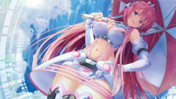 Rule 34 | 1girl, blue eyes, breasts, cowboy shot, daidou (demitasse), dutch angle, elbow gloves, fingerless gloves, gloves, goodsmile racing, hand on own hip, headset, highres, hologram, large breasts, long hair, megurine luka, navel, open mouth, overskirt, pink hair, race queen, short shorts, shorts, sky, smile, solo, thighhighs, umbrella, vocaloid, white gloves