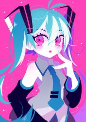 Rule 34 | 1girl, aqua hair, bare shoulders, black skirt, black sleeves, blurry, blush, commentary, depth of field, detached sleeves, english commentary, grey shirt, hatsune miku, long hair, looking at viewer, necktie, pink background, projecttiger, shirt, simple background, skirt, sleeveless, sleeveless shirt, solo, twintails, upper body, very long hair, vocaloid