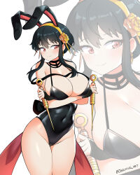 Rule 34 | 1girl, absurdres, alternate costume, animal ears, arms under breasts, bare legs, bare shoulders, black hair, black leotard, breasts, cleavage, covered navel, crossed arms, dagger, dual wielding, fake animal ears, fingerless gloves, gloves, gold hairband, groin, hairband, highres, holding, holding dagger, holding knife, holding weapon, jarckius, knife, large breasts, leotard, playboy bunny, rabbit ears, red eyes, sidelocks, spy x family, stiletto (weapon), thighs, weapon, yor briar, zoom layer