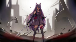 Rule 34 | 1girl, absurdres, animal ear fluff, animal ears, arknights, black thighhighs, cat ears, cat girl, hair between eyes, halterneck, highres, huijin zhi ling, long hair, melantha (arknights), outdoors, pink eyes, purple hair, scabbard, sheath, simple background, solo, sword, thigh strap, thighhighs, weapon, white background