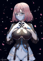 Rule 34 | 1girl, absurdres, aquilar, artist name, black background, black leotard, bob cut, breasts, cleavage, gloves, grey eyes, heart, heart hands, highres, honkai (series), honkai impact 3rd, large breasts, leotard, looking at viewer, mask, medium hair, mouth mask, petals, pink hair, signature, simple background, single glove, solo, timido cute, white gloves, white legwear