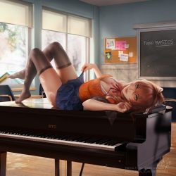 Rule 34 | 1girl, aran sweater, black thighhighs, blondynkitezgraja, blue skirt, book, bow, breasts, brown hair, cable knit, chalkboard, classroom, cleavage, commentary, commission, copyright name, doki doki literature club, english commentary, feet, female focus, full body, green eyes, hair bow, indoors, instrument, knees up, lifting own clothes, long hair, looking at viewer, lying, medium breasts, miniskirt, monika (doki doki literature club), neck ribbon, no shoes, on back, orange sweater, piano, pink lips, pleated skirt, ponytail, red ribbon, ribbon, self exposure, shirt, signature, skirt, skirt hold, smile, solo, sweater, thighhighs, thighs, toes, v-shaped eyebrows, watermark, web address, white ribbon, white shirt, window, wooden floor, zettai ryouiki