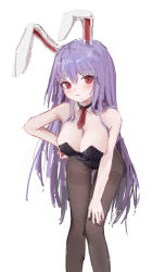 1girl animal_ears bare_arms bare_shoulders bent_over black_pantyhose blush breasts cleavage detached_collar expressionless hand_on_own_hip highres large_breasts leaning_forward leotard long_hair looking_at_viewer necktie pantyhose playboy_bunny purple_hair rabbit_ears red_eyes reddizen reisen_udongein_inaba solo touhou very_long_hair