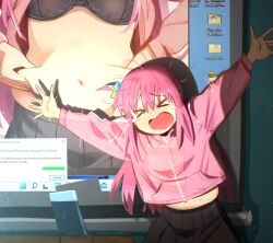 Rule 34 | &gt; &lt;, 1girl, absurdres, arms up, belly grab, black bra, bocchi the rock!, bra, closed eyes, commentary, computer, facing viewer, gotoh hitori, highres, indoors, jacket, khyle., laptop, long sleeves, microsoft windows, midriff, navel, open mouth, outstretched arms, pink jacket, stomach, tears, the coffin of andy and leyley, underwear
