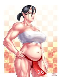 Rule 34 | 1girl, black hair, breasts, earrings, elf-san wa yaserarenai., fundoshi, hand on own hip, highres, horns, japanese clothes, jewelry, large breasts, looking at viewer, muscular, muscular female, navel, nipples, oga (elf-san wa yaserarenai.), plump, pointy ears, ponytail, pregnant, red eyes, smile, solo, taikyokuturugi
