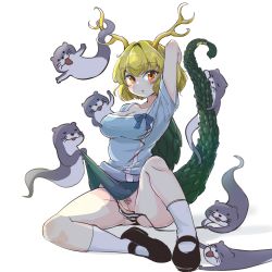 Rule 34 | 1girl, antlers, arm up, black footwear, black panties, blonde hair, blue shirt, breasts, cleavage, clothes lift, dragon horns, dragon tail, female pubic hair, full body, ghost tail, green skirt, highres, horns, itatatata, kicchou yachie, knee up, large breasts, looking at viewer, non-web source, orange eyes, otter, otter spirit (touhou), panties, pubic hair, pussy, shirt, shoes, short hair, side-tie panties, simple background, sitting, skirt, skirt lift, socks, string panties, striped clothes, striped panties, tail, touhou, turtle shell, underwear, untied panties, white background, white socks