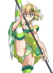 Rule 34 | 1girl, akatsuki kirika, blonde hair, blurry, bouncing breasts, breasts, cameltoe, closed mouth, depth of field, flexible, gluteal fold, green eyes, green panties, green theme, green thighhighs, hair ornament, headgear, japanese clothes, kneepits, leg lift, looking at viewer, lyrical denko, medium breasts, off shoulder, panties, pantyshot, polearm, senki zesshou symphogear, short hair, simple background, skirt, solo, standing, striped clothes, striped panties, striped thighhighs, thighhighs, underwear, weapon, white background, x hair ornament