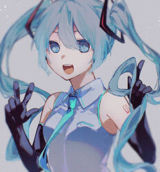 Rule 34 | 1girl, aqua eyes, aqua hair, aqua necktie, aqua trim, arm tattoo, armpit crease, bare shoulders, black gloves, breasts, collared shirt, commentary request, elbow gloves, gloves, grey background, grey shirt, hair between eyes, hair ornament, hand in own hair, hands up, hatsune miku, highres, long hair, looking at viewer, miku day, necktie, number tattoo, nyafu 1924, open mouth, pointing, pointing up, shirt, sidelocks, simple background, sleeveless, sleeveless shirt, small breasts, smile, solo, tattoo, teeth, twintails, upper body, upper teeth only, vocaloid, w