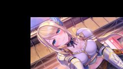 Rule 34 | 1girl, aqua eyes, armor, blonde hair, blue eyes, blush, braid, breasts, bridge, building, cleavage, closed mouth, cloud, cowboy shot, detached collar, evening, female focus, floating hair, french braid, game cg, hair ornament, hand on own thigh, happy, head tilt, highres, kukkorodays, large breasts, leaning forward, legs, legs together, light blush, long hair, looking at viewer, midriff, navel, original, outdoors, panties, pantyshot, qureate, skirt, sky, smile, solo, standing, sword, thighhighs, thighs, underwear, weapon, zettai ryouiki