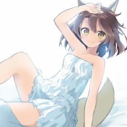Rule 34 | 1girl, amane rosylily, animal ears, arm up, bare arms, bare shoulders, bed sheet, blush, breasts, brown eyes, brown hair, closed mouth, collarbone, commentary request, dress, fox ears, fox girl, fox tail, hair between eyes, highres, original, sekira ame, small breasts, smile, solo, strapless, strapless dress, tail, white background