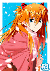 Rule 34 | 1girl, blue background, blue eyes, breasts, brown hair, coat, hair between eyes, hair ornament, hairpods, highres, interface headset, long hair, looking at viewer, neon genesis evangelion, pink coat, skin tight, smile, solo, souryuu asuka langley, sweater, translation request, very long hair, white sweater, yamayoshi