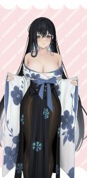 Rule 34 | 1girl, bare shoulders, black hair, black pantyhose, blue eyes, bow, breasts, buttons, cleavage, dress, earrings, floral print, highres, japanese clothes, jewelry, kimono, large breasts, looking at viewer, mole, mole under eye, myabit, original, pantyhose, smile, snowflake print, snowflakes, virtual youtuber, wide sleeves, yukata