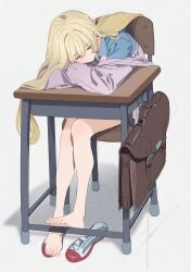 Rule 34 | 1girl, arm pillow, bag, bare legs, barefoot, black choker, blonde hair, blue shirt, braid, brown bag, choker, closed eyes, closed mouth, collared shirt, commentary request, desk, dot nose, earrings, feet, full body, head down, heart o-ring, highres, jacket, jewelry, legs, long hair, o-ring, o-ring choker, off shoulder, on chair, open collar, original, pink jacket, poligon (046), red footwear, school bag, school desk, shadow, shirt, shoes, signature, simple background, single braid, single earring, sitting, sleeping, sleeping on desk, sleeves past fingers, sleeves past wrists, solo, toenails, toes, two-tone footwear, uwabaki, white background, white footwear