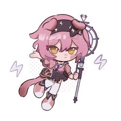 Rule 34 | 1girl, animal ears, arknights, black hairband, black jacket, black skirt, blush, cat ears, cat girl, cat tail, chibi, cosinecocosine, garter straps, goldenglow (arknights), hair between eyes, hairband, hand up, highres, holding, holding staff, jacket, lightning bolt print, looking at viewer, multicolored clothes, multicolored jacket, pink footwear, pink jacket, shoes, skirt, solo, staff, tail, thighhighs, two-tone jacket, white thighhighs, yellow eyes