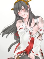Rule 34 | 10s, 1girl, bad id, bad pixiv id, bare shoulders, black hair, blush, boots, breasts, brown eyes, collarbone, covering privates, covering breasts, cowboy shot, dirty, dirty clothes, dirty face, gradient background, grey background, hair ornament, hairband, hairclip, haruna (kancolle), headgear, ito kaoru, kantai collection, light smile, long hair, looking at viewer, narrowed eyes, nontraditional miko, parted lips, pleated skirt, sitting, skirt, solo, thigh boots, thighhighs, torn clothes, torn skirt, upper body