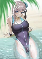 Rule 34 | 1girl, absurdres, bare shoulders, beach, black one-piece swimsuit, blue eyes, blue one-piece swimsuit, blush, breasts, bun cover, cleavage, collarbone, fate/grand order, fate (series), hair bun, hair ribbon, highleg, highleg swimsuit, highres, kugiseiichi, large breasts, long hair, looking at viewer, miyamoto musashi (fate), miyamoto musashi (fate/grand order), miyamoto musashi (swimsuit berserker) (fate), miyamoto musashi (swimsuit berserker) (first ascension) (fate), one-piece swimsuit, pink hair, ribbon, shore, single side bun, smile, swept bangs, swimsuit, thighs, two-tone swimsuit, water, wet