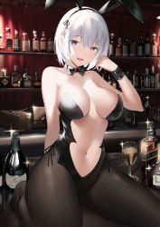 Rule 34 | 1girl, alcohol, animal ears, black bow, black bowtie, blush, bottle, bow, bowtie, breasts, breasts apart, collarbone, fake animal ears, fishnet pantyhose, fishnets, highres, large breasts, leotard, looking at viewer, navel, open mouth, original, pantyhose, playboy bunny, purple eyes, rabbit ears, resolution mismatch, revealing clothes, short hair, sidelocks, sitting, sleeve cuffs, solo, source larger, sparkle, suzuame yatsumi, wariza, white hair