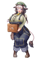 Rule 34 | 1girl, animal ears, asahi, black hair, box, breasts, cow ears, cow girl, cow horns, cow tail, cowbell, eyelashes, female focus, full body, hat, highres, holding, holding box, horns, huge breasts, official art, open mouth, overalls, purple eyes, risha (taimanin), solo, standing, tail, taimanin (series), thick thighs, thighs, white background, white hair, wide hips