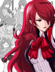 Rule 34 | 1girl, absurdres, commentary, curly hair, english commentary, highres, kirijou mitsuru, lingerie, long hair, multiple views, persona, persona 3, ponytail, red eyes, red hair, red lips, school uniform, solo, ssolitude-sama, sweater, underwear, undressing