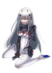 Rule 34 | 1girl, between legs, black bodysuit, bodysuit, breasts, closed mouth, collarbone, commentary request, cross hair ornament, crossed bangs, facial mark, facial tattoo, finger to mouth, finger to own chin, full body, girls&#039; frontline, gradient hair, green eyes, grey hair, hair ornament, hair over breasts, hair over shoulder, hand between legs, hand on ground, headgear, high heels, highres, hk416 (girls&#039; frontline), hk416 (midnight evangelion) (girls&#039; frontline), long hair, looking at viewer, medium breasts, multicolored bodysuit, multicolored clothes, multicolored hair, outstretched foot, parted bangs, sidelocks, sitting, solo, tattoo, teardrop, teardrop facial mark, teardrop tattoo, very long hair, wariza, white bodysuit, white hair, yossi art