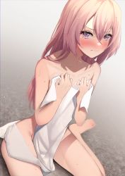 Rule 34 | 1girl, 3:, absurdres, amane sora, barefoot, blush, closed mouth, collarbone, commentary request, covering privates, covering breasts, embarrassed, frown, gradient background, hair between eyes, hands on own chest, highres, inui sajuna, long hair, looking at viewer, nose blush, nude, nude cover, pink hair, purple eyes, sitting, solo, sono bisque doll wa koi wo suru, towel, v-shaped eyebrows, wet, wet hair