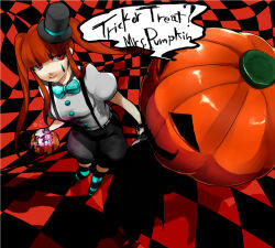 Rule 34 | 1girl, 508, bad id, bad pixiv id, blunt bangs, bow, gloves, halloween, hat, hatsune miku, hime cut, jack-o&#039;-lantern, long hair, mini hat, mini top hat, mrs.pumpkin no kokkei na yume (vocaloid), orange hair, pumpkin, red eyes, solo, striped clothes, striped thighhighs, suspenders, thighhighs, top hat, trick or treat, twintails, vocaloid