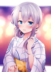 Rule 34 | 1girl, :d, alternate costume, asymmetrical hair, backlighting, blue eyes, blurry, blurry background, blush, commentary request, fingernails, flipped hair, hair between eyes, holding, japanese clothes, kantai collection, kimono, long hair, long sleeves, nowaki (kancolle), obi, open mouth, playing with own hair, revision, rui shi (rayze ray), sash, short hair, silver hair, single sidelock, smile, solo, swept bangs, white kimono, wide sleeves, yukata