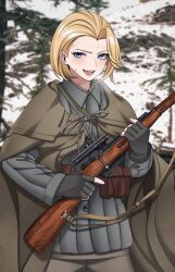 1girl absurdres ammunition_pouch belt blonde_hair blue_eyes blurry blurry_background bolt_action breath brown_cape brown_pants brown_shirt buttons cape commentary english_commentary fangs fingerless_gloves fingernails gloves grey_gloves grey_jacket gun gun_sling heavy_breathing highres holding holding_gun holding_weapon jacket keiita long_sleeves looking_at_viewer military military_uniform mixed-language_commentary mosin-nagant open_mouth original outdoors padded_jacket pants pouch raised_eyebrow rifle russia russian_commentary scope shirt short_hair sniper_rifle soldier solo soviet soviet_army teeth telogreika tongue trigger_discipline upper_body upper_teeth_only weapon world_war_ii