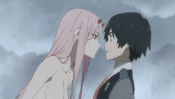 Rule 34 | 10s, 1boy, 1girl, black hair, blue eyes, breasts, couple, darling in the franxx, face-to-face, facing another, forehead-to-forehead, fringe trim, green eyes, heads together, hetero, highres, hiro (darling in the franxx), horns, long hair, military, military uniform, necktie, nude, oni horns, pink hair, red horns, red neckwear, short hair, sideboob, signature, straight hair, uniform, user psx1446, zero two (darling in the franxx)