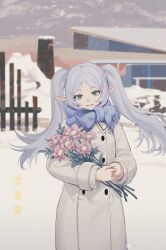 Rule 34 | 1girl, absurdres, blue scarf, blurry, blurry background, buttons, chinese commentary, coat, commentary request, cowboy shot, dated, day, double-breasted, elf, flower, frieren, fringe trim, green eyes, grey hair, highres, holding, holding flower, long hair, long sleeves, looking at viewer, open mouth, outdoors, own hands together, parted bangs, pink flower, pointy ears, scarf, smile, snow, snowing, solo, sousou no frieren, standing, twintails, watermark, weibo logo, weibo watermark, white coat, wind, xiaohuang