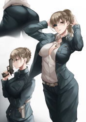 Rule 34 | 1girl, arms up, ass, bandages, belt, breasts, brown eyes, cleavage, collared shirt, commentary request, dog tags, eyepatch, gun, hair bun, handgun, high ponytail, highres, holding, holding gun, holding weapon, inue ao, jacket, jewelry, large breasts, looking at viewer, military, military jacket, military uniform, mole, mole under eye, multiple views, necklace, one eye covered, open clothes, open jacket, original, parted lips, pistol, shirt, shirt tucked in, single hair bun, uniform, weapon, white shirt