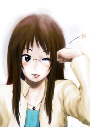 Rule 34 | 00s, 1girl, :p, blush, brown eyes, brown hair, dokyuu afro, female focus, glasses, gradient background, highres, jewelry, k-on!, long hair, necklace, one eye closed, smile, solo, star (symbol), tongue, tongue out, upper body, white background, wink, yamanaka sawako