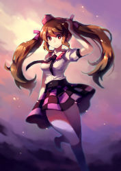 Rule 34 | 1girl, breasts, brown hair, checkered clothes, checkered skirt, hair ribbon, hand on own head, hat, himekaidou hatate, looking at viewer, necktie, outline, puffy short sleeves, puffy sleeves, purple eyes, purple sky, ribbon, running, shirt, short sleeves, skirt, sky, smile, solo, standing, sunset, thighs, tokin hat, touhou, twintails, vienri, white shirt