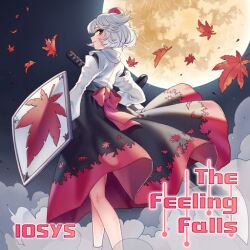 Rule 34 | 1girl, album cover, autumn leaves, back bow, black skirt, bow, brown eyes, closed mouth, clothes lift, cover, detached sleeves, english text, eyelashes, fog, from behind, full moon, game cg, hand on sheath, hat, holding, holding sword, holding weapon, inubashiri momiji, iosys, leaf print, long sleeves, looking at viewer, maple leaf print, medium skirt, moon, night, night sky, official art, red bow, red hat, red trim, rojiko, sheath, sheathed, shield, shirt, short hair, skirt, skirt lift, sky, sleeveless, sleeveless shirt, smile, sword, tokin hat, touhou, touhou cannonball, turtleneck, weapon, white hair, white shirt, white sleeves, wide sleeves, wind, wind lift