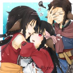 Rule 34 | 1boy, 2girls, age difference, ainu clothes, animal ears, aquaplus, black hair, braid, breast press, breasts, breezefu00, brother and sister, closed eyes, dress, facepalm, family, from side, gradient eyes, hair between eyes, hair ribbon, hairband, heart, height difference, hug, long hair, looking at another, medium breasts, multicolored eyes, multiple girls, one eye closed, open mouth, orange sash, parted bangs, raised eyebrows, red eyes, ribbon, rulutieh, sash, shis, siblings, signature, sisters, sweat, sweatdrop, teeth, tongue, twintails, upper body, utawarerumono, utawarerumono: futari no hakuoro, utawarerumono: itsuwari no kamen, very long hair
