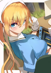 Rule 34 | 1girl, absurdres, blend s, blonde hair, blue eyes, blue shirt, blush, border, breasts, closed mouth, commentary request, eyelashes, from above, frown, gloves, hair between eyes, handheld game console, head scarf, highres, hinata kaho, holding, holding handheld game console, kootee-on, large breasts, long hair, looking at viewer, looking back, nintendo switch, puffy short sleeves, puffy sleeves, shirt, short sleeves, solo, sparkle, sweatdrop, twintails, upturned eyes, v-shaped eyebrows, very long hair, waitress, white border, white gloves
