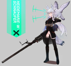Rule 34 | 1girl, animal ears, bird, bird ears, black footwear, black gloves, black thighhighs, boots, character name, closed mouth, falcon, full body, glasses, gloves, gun, head wings, heidimarie w. schnaufer, hirschgeweih antennas, holding, holding weapon, ika (hinatu1992), panties, red eyes, strap, strike witches, thigh strap, thighhighs, underwear, weapon, white hair, white panties, wings, world witches series