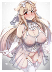 Rule 34 | 1girl, alternate costume, babydoll, blonde hair, blush, breasts, corset, elbow gloves, female pubic hair, garter straps, gloves, hair flaps, highres, kantai collection, konoshige (ryuun), large areolae, large breasts, lingerie, long hair, nipples, nose blush, pubic hair, red eyes, revealing clothes, see-through, smile, solo, thighhighs, underwear, underwear only, white gloves, white thighhighs, yuudachi (kancolle), yuudachi kai ni (kancolle)