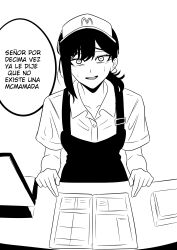 1girl absurdres apron black_hair cashier chainsaw_man collared_shirt counter gratam higashiyama_kobeni highres mcdonald&#039;s monochrome nervous open_mouth ponytail pov register shirt spanish_text sweat talking translated working