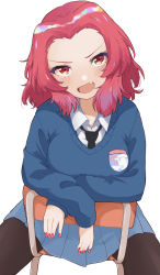 Rule 34 | 1girl, black necktie, blue skirt, blue sweater, blush, breasts, crossed arms, emblem, fang, forehead, girls und panzer, head tilt, highres, looking at viewer, medium breasts, nail polish, necktie, pantyhose, red eyes, red hair, red nails, rosehip (girls und panzer), school uniform, sitting, sitting backwards, skin fang, skirt, solo, st. gloriana&#039;s (emblem), st. gloriana&#039;s school uniform, sweater, v-shaped eyebrows, white background, zono (inokura syuzo029)