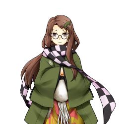 Rule 34 | 1girl, :3, brown eyes, brown hair, clearfile, futatsuiwa mamizou, futatsuiwa mamizou (human), glasses, hair ornament, hairclip, hands in opposite sleeves, haori, japanese clothes, leaf, leaf hair ornament, pince-nez, scarf, touhou, transparent background