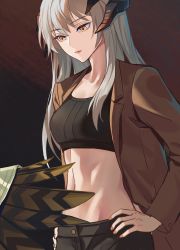 Rule 34 | 2girls, absurdres, alternate costume, arknights, black shirt, breasts, brown background, brown jacket, chinese commentary, commentary request, crop top, grey hair, hands on own hips, highres, horns, jacket, long hair, long sleeves, medium breasts, midriff, multiple girls, nail polish, navel, open clothes, open jacket, orange nails, pink lips, saria (arknights), shirt, shisangeashi, silence (arknights), solo focus, sports bra, stomach, upper body, yellow eyes