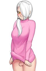 Rule 34 | 1girl, andrea vaeyl, blush, bottomless, breasts, bulge, commentary, erection, erection under clothes, futanari, hair ornament, hair over one eye, hair over shoulder, hairclip, large breasts, large penis, long hair, low ponytail, naked sweater, no panties, original, penis, penis peek, pink sweater, ponytail, precum, razalor, solo, sweater, testicles, white hair, yellow eyes