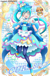 Rule 34 | 1girl, 2022, :d, apron, blue eyes, blue hair, blue pantyhose, bracelet, character name, cure spicy, dated, delicious party precure, dress, earrings, floating hair, food, full body, gloves, hair between eyes, hanzou, highres, jewelry, layered dress, long hair, looking at viewer, open mouth, pam-pam (precure), pantyhose, precure, pretzel, shiny clothes, shiny legwear, short sleeves, side ponytail, smile, solo, twitter username, very long hair, waist apron, white apron, white gloves
